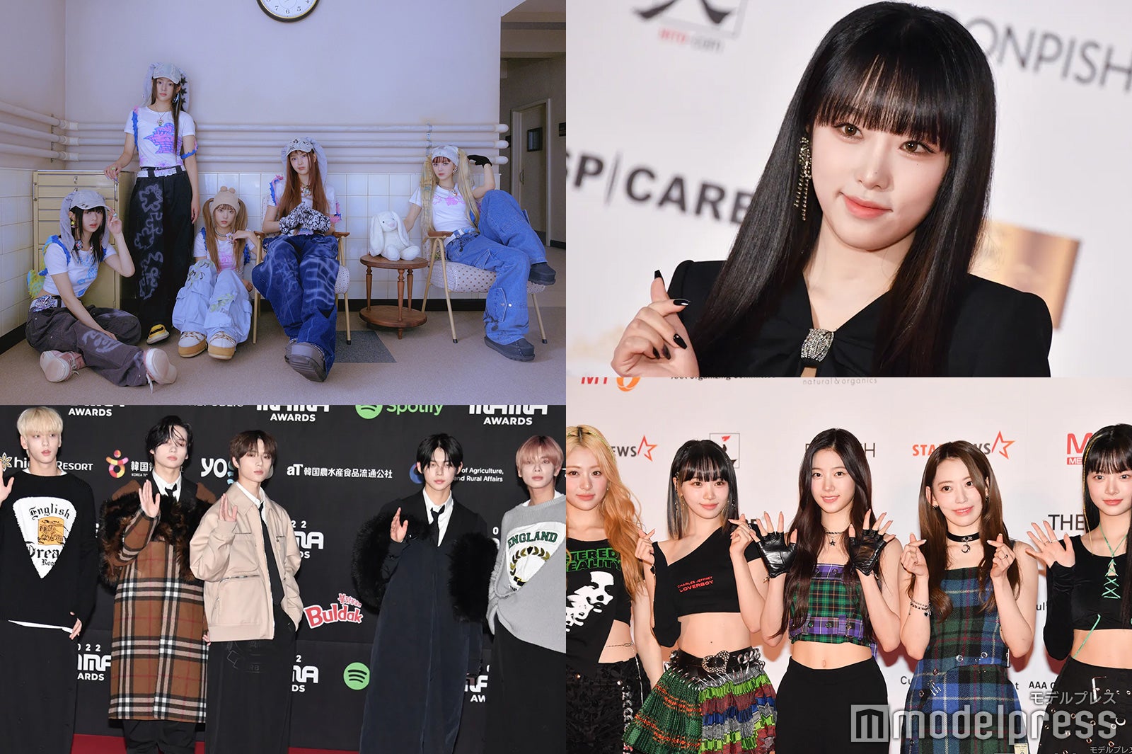 （上段左から時計回り）NewJeans（C）2022 ADOR. All Rights Reserved.、チェ・イェナ、 LE SSERAFIM、TOMORROW X TOGETHER（C）モデルプレス