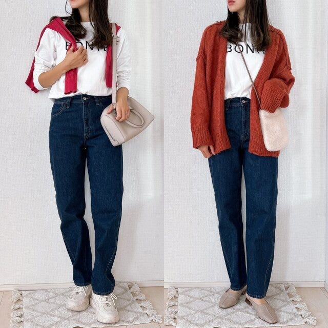 ユニクロユー　カーブジーンズ　着回し　カーディガンコーデ