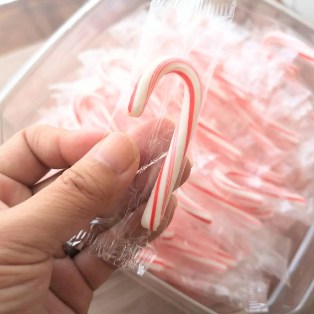 杖の形のキャンディーを手に持っている