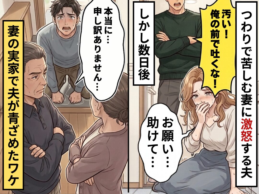 「汚い！俺の前で吐くな！」つわりで苦しむ妻に激怒する夫。しかし数日後⇒妻の実家で「本当に…申し訳ありません…」