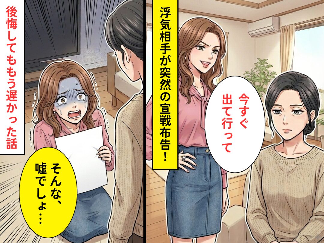 浮気女が…「今すぐ出て行って」突然妻に宣戦布告！？しかし直後⇒浮気女「そんな、嘘でしょ…」後悔してももう遅かった話