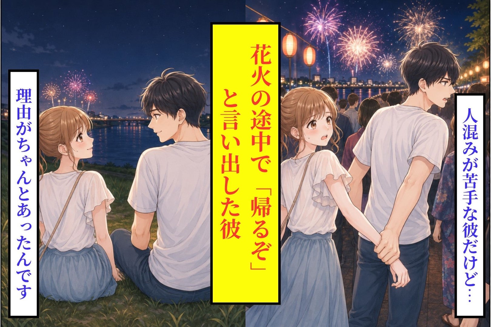 花火の途中で「帰るぞ」と言い出した人混み嫌いの彼→突然私の手を引いた本当の理由
