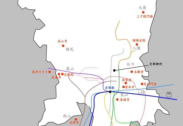 京都のおすすめ紅葉名所の位置関係