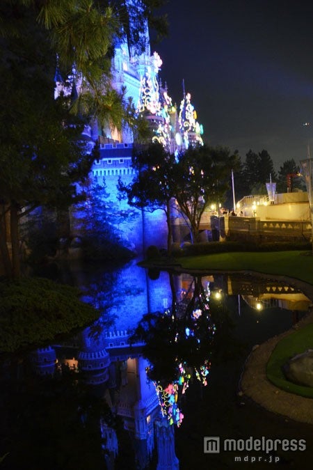 横から見ると水面に映るシンデレラ城が幻想的です。