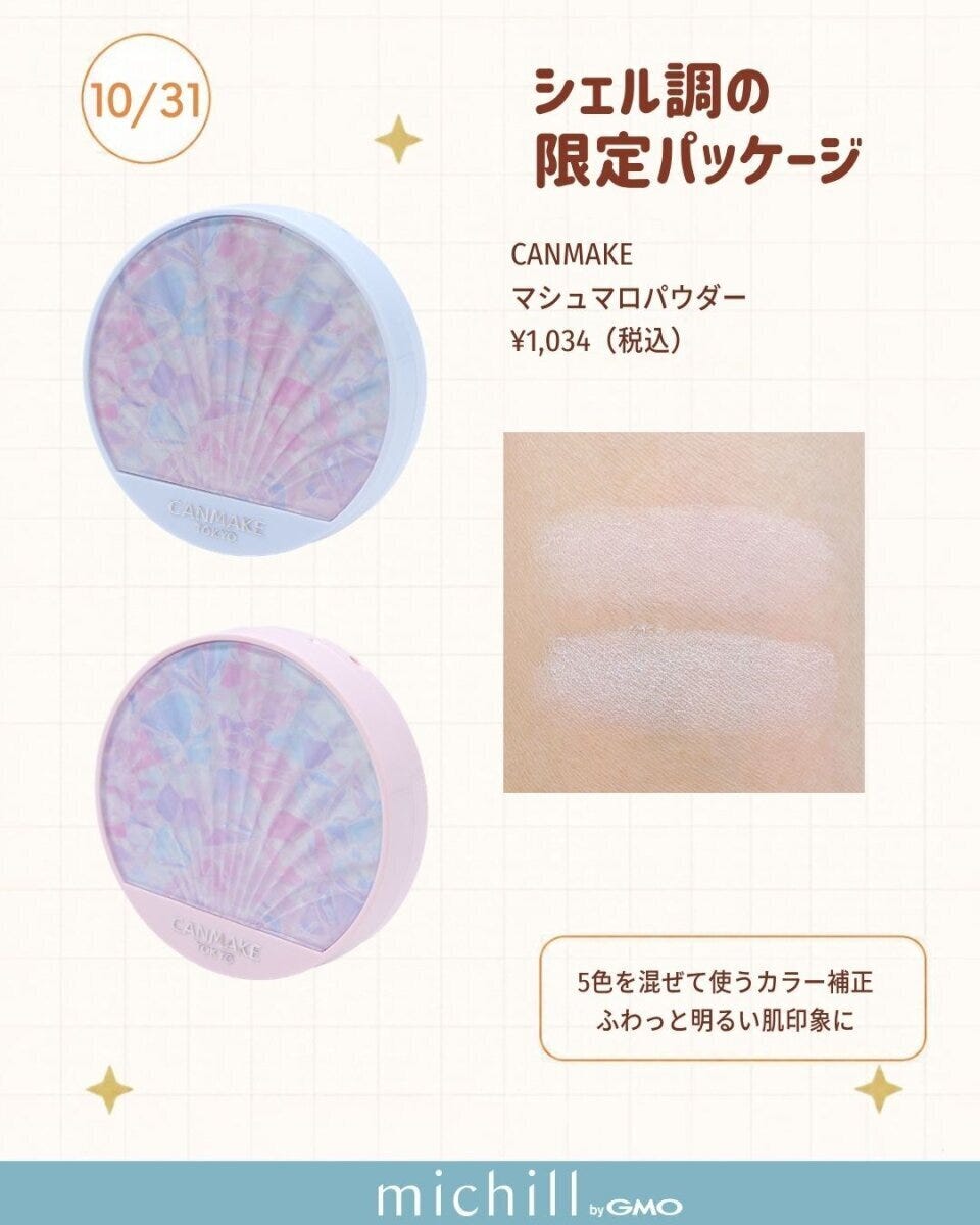 CANMAKEマシュマロフィニッシュパウダー限定シェル調2種と腕の色見本