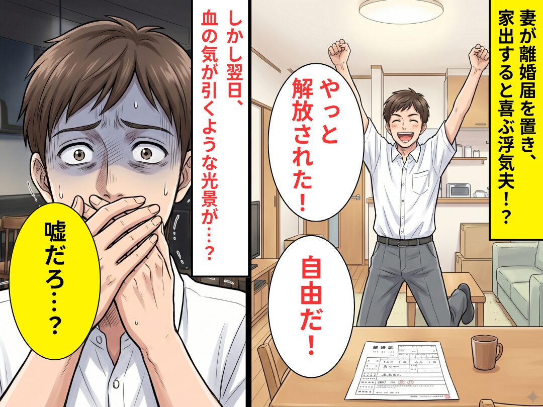 妻が離婚届を置き、家出すると「解放された！」喜ぶ浮気夫。しかし翌日⇒血の気が引く【光景】を目にし「嘘だろ…」