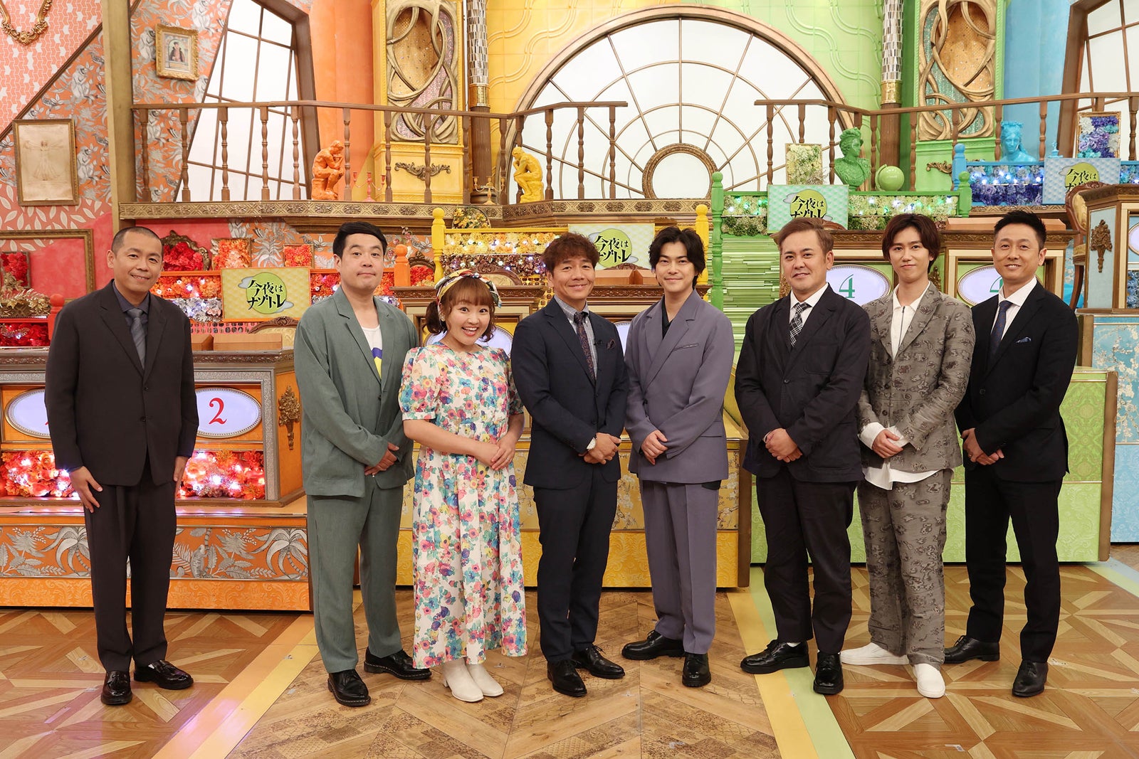 （左から）トシ、タカ、柳原可奈子、上田晋也、勝地涼、有田哲平、阿部亮平、宇治原史規（C）フジテレビ