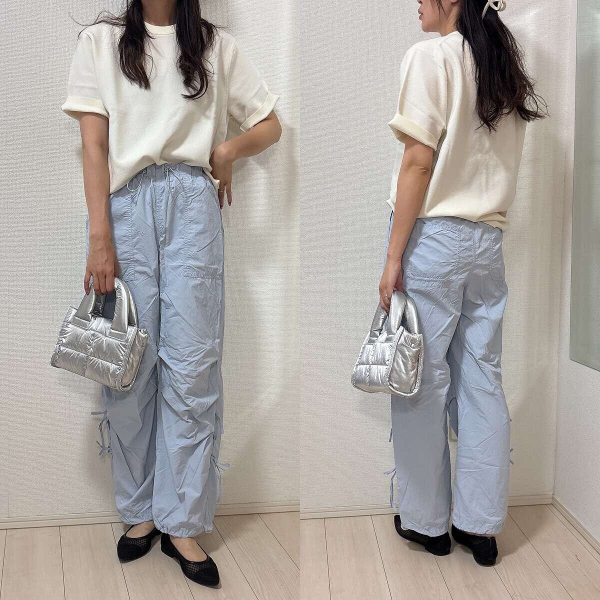 ユニクロ　ウォッシャブルミラノリブニットTシャツ　ブルーテックパンツのきれいめカジュアルコーデ