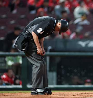 球審のマスクが不調で試合が一時中断 広島－ヤクルト戦