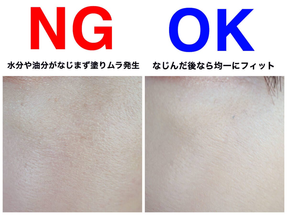 スキンケアのなじみによる肌の塗りムラ仕上がり比較 スキンケアのなじみによる肌の塗りムラ仕上がり比較