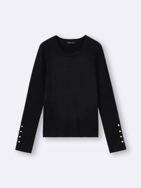 2025gu大人女性おすすめ黒リブニットボタンスリーブプルオーバー