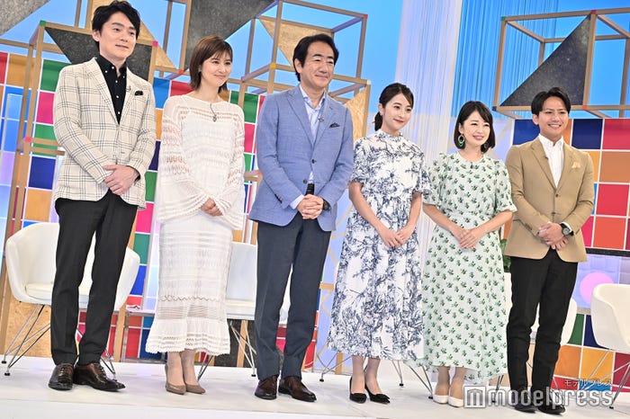 (左から)高瀬耕造アナ、鈴江奈々アナ、山口豊アナ、日比麻音子アナ、松丸友紀アナ、安宅晃樹アナ(C)モデルプレス