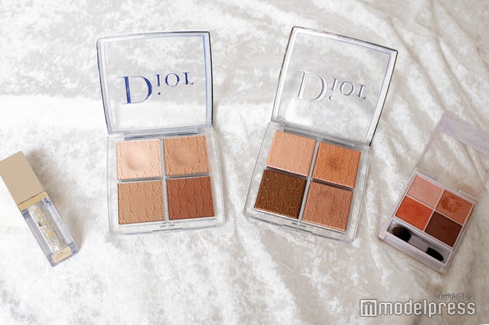 アイシャドウ/(左から)Stilaグリッター&グロウ リキッド アイシャドウDiamond Dust、Diorバックステージ コントゥール パレット001(廃盤)※アイシャドウとして使用、Diorバックステージ フェイス グロウ パレット005コッパーゴールド(限定)※アイシャドウとして使用、キャンメイク シルキースフレアイズ 07ネクタリアンオレンジ (C)モデルプレス