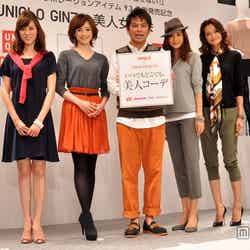 「UNIQLO GINZA 美人女子会」に出席した（左から）安座間美優、高垣麗子、岡田圭右、絵美里、渡辺佳子