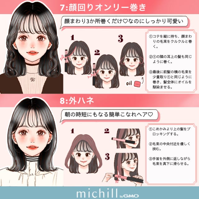 簡単巻き髪 3分で完成 時短 可愛い 8style kyoko. イラスト 簡単巻き髪 3分で完成 時短 可愛い 8style kyoko. イラスト 顔まわりオンリー巻き 外ハネ