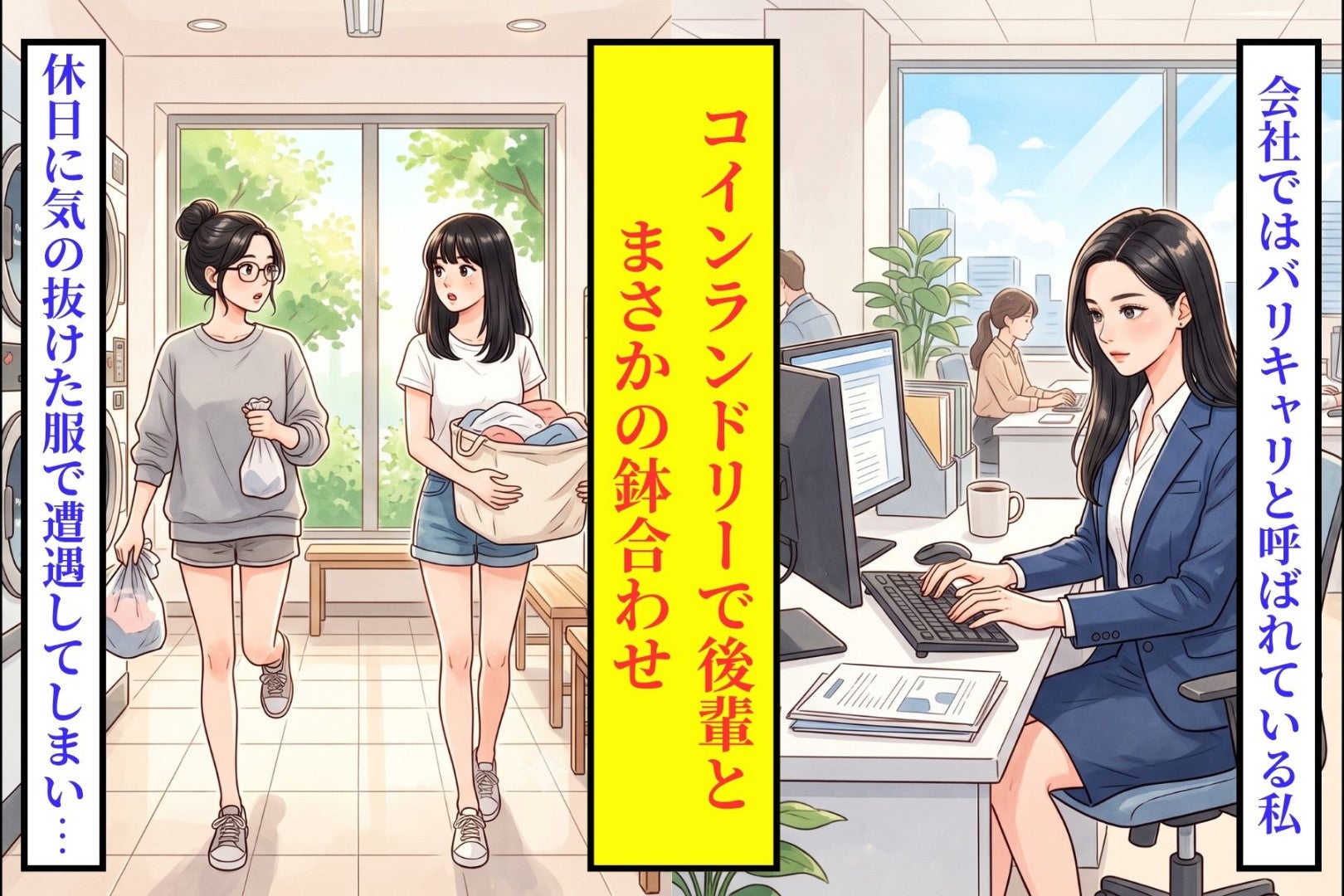 職場では「バリキャリ」と呼ばれる私、休日のコインランドリーで後輩と鉢合わせした日