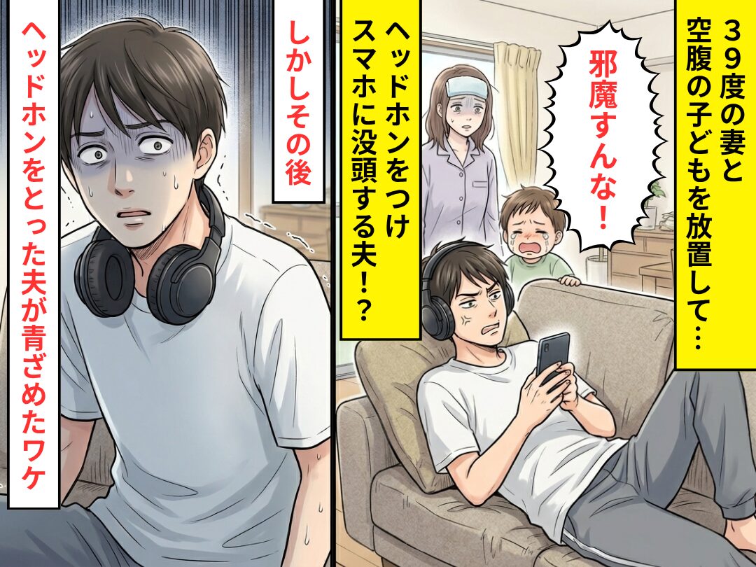 39度の妻と子どもを“ヘッドホン”をつけ遮断する夫！？しかし⇒まさかの事態に「ヒッ…！」夫が青ざめたワケ