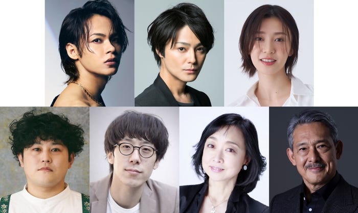 (冗談左から)上田竜也、木村了、潤花(下段左から)板倉武志、長友郁真、川上麻衣子、鶴見辰吾(提供写真)