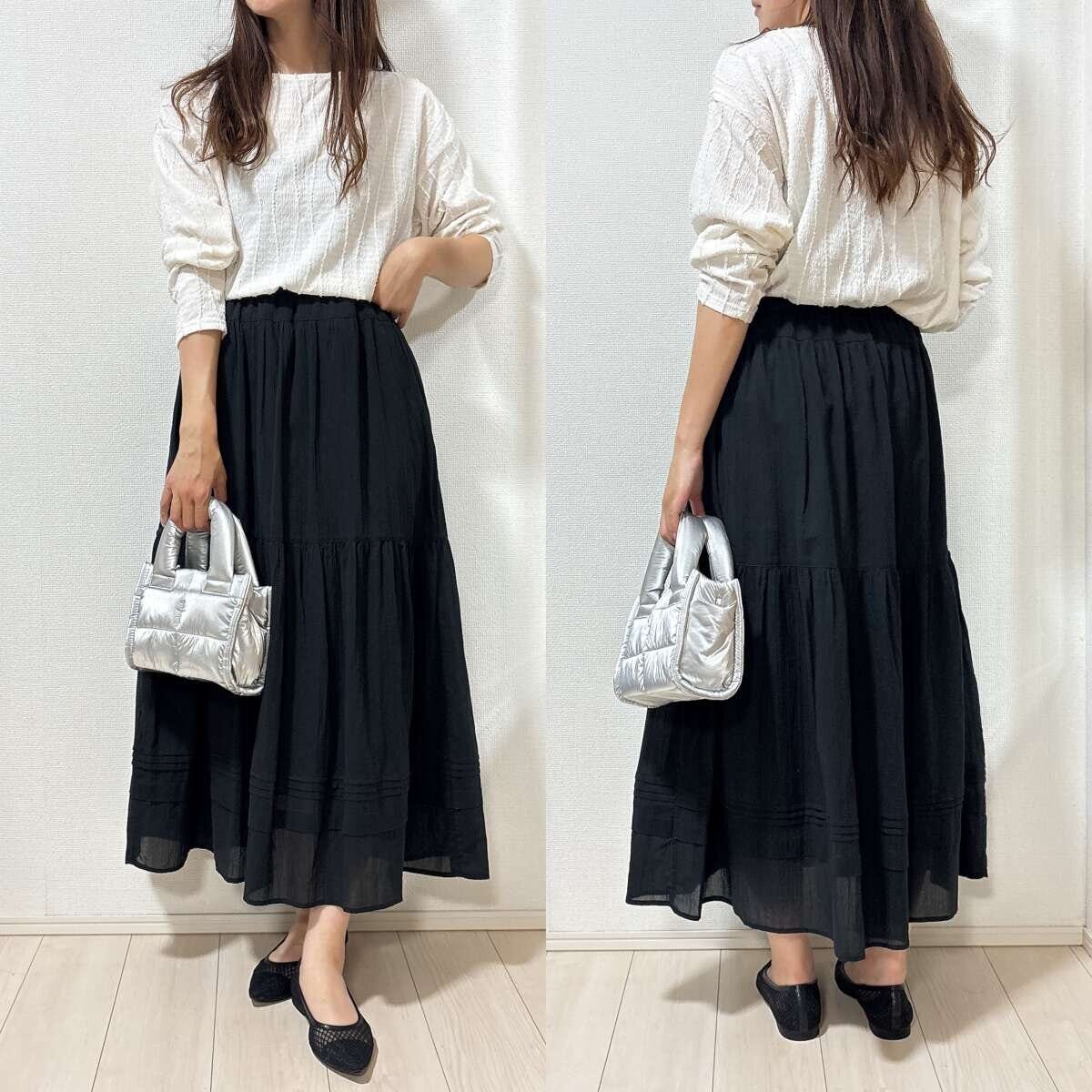 ユニクロ　ティアードマキシスカート　コーデ　ロンT　キレイめカジュアル