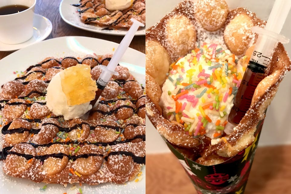 NYでも流行“エッグワッフル”が関東初登場 注射器ソースがアクセント