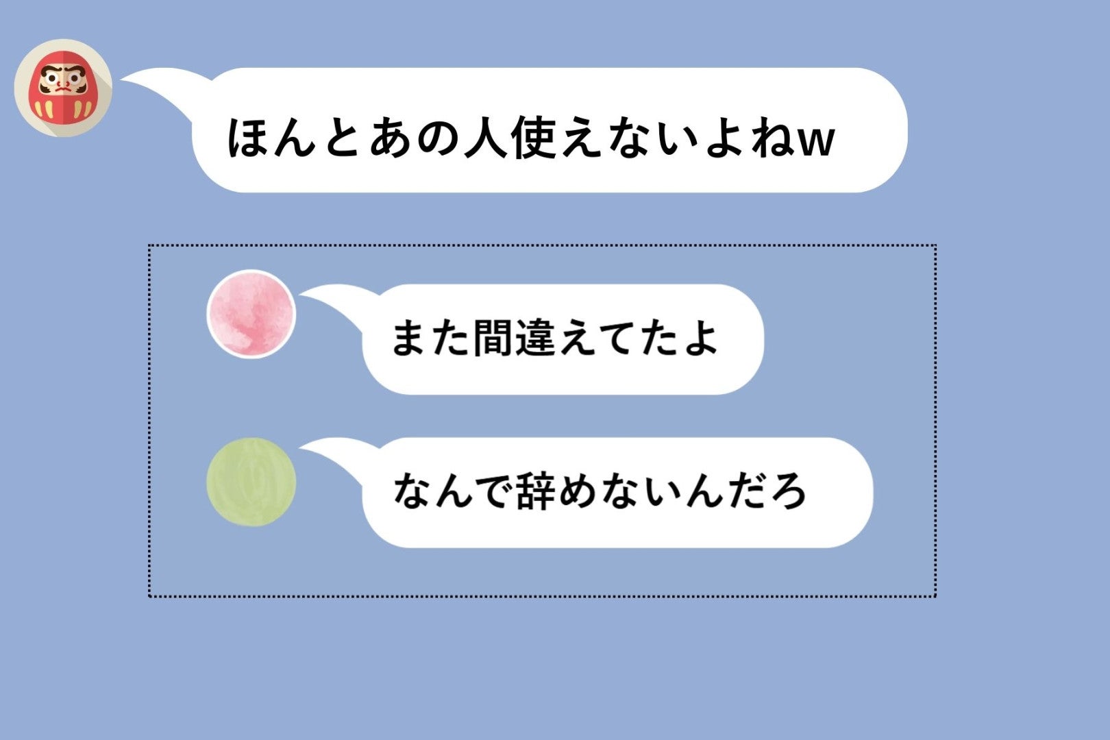 職場の５人グループLINEで、飛び交う私の陰口。→ある日、グループの一人がスクショ付きで「ほんとあの人使えないよねw」と誤送信。私は黙ってそのスクショを上司に転送