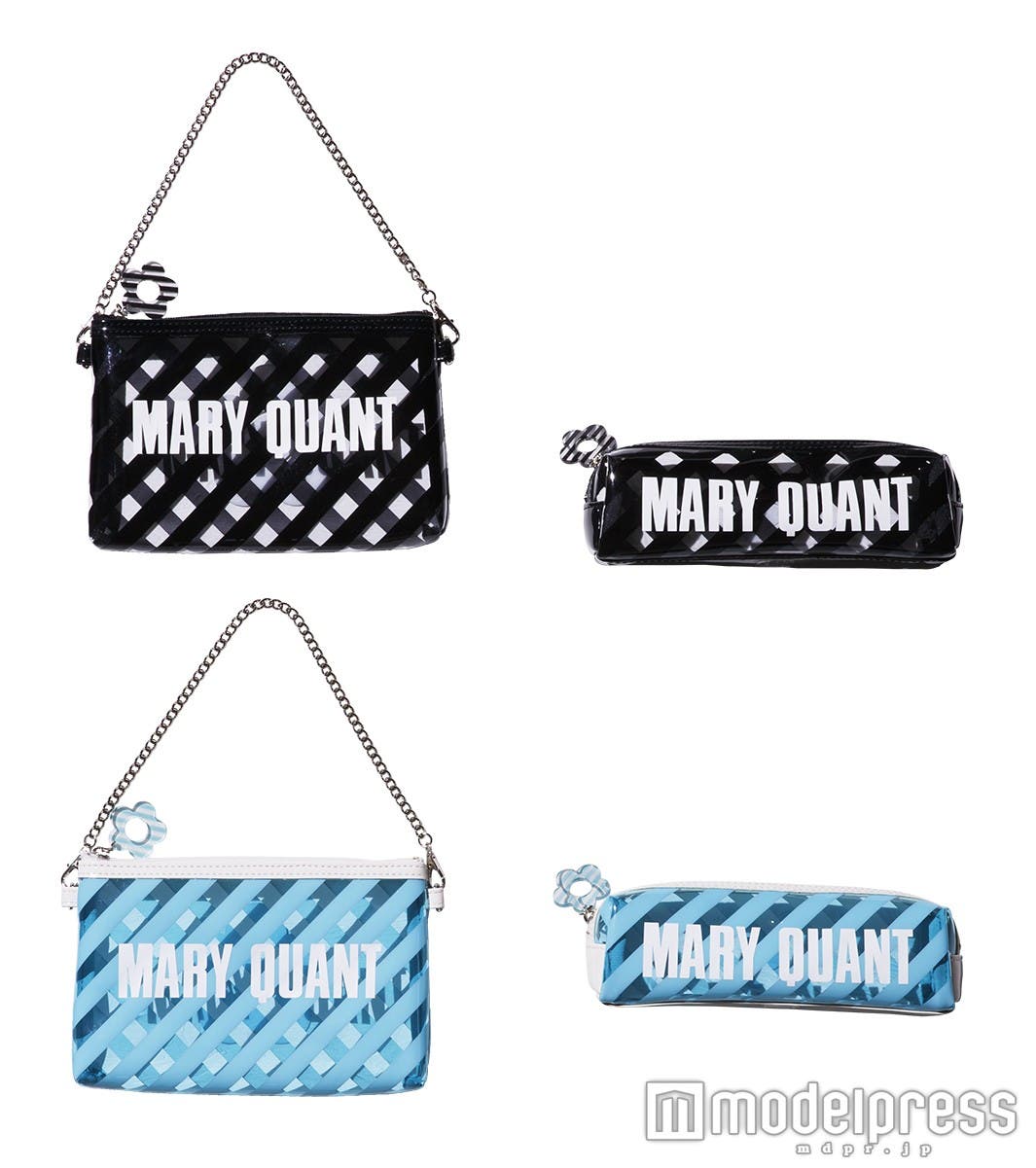 「バイアスクリアチェーン付ポーチ」各4,000円、「バイアスクリアスクエアペンケース」各3,000円(全て税抜)