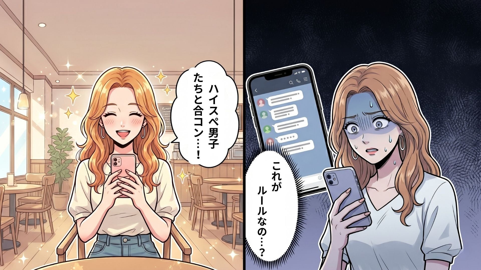 「合格で！」友人から誘われた“ハイスぺ男子との合コン”。グループチャットに参加すると【最悪なルール】が判明...！？