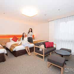 “緋色”をテーマ・カラーに、全体的に低めにしつらえた客室で