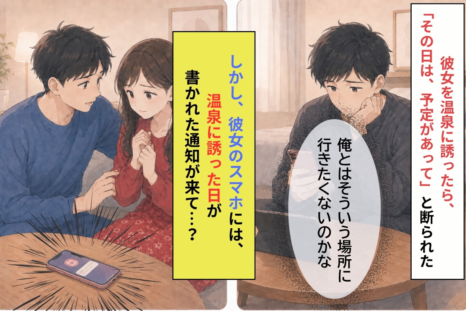 温泉旅行を断られ「行きたくないなら、そう言ってよ」と突き放した俺、彼女のスマホに出た通知