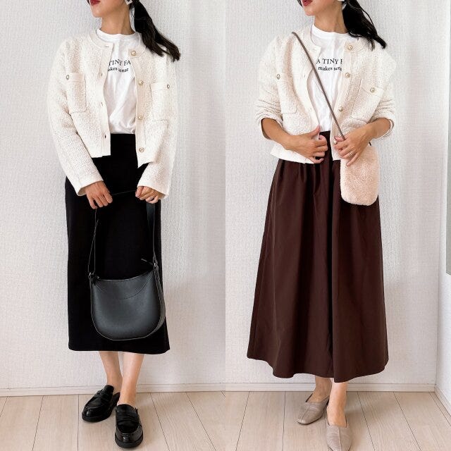 GU　ダブルポケットニットジャケット　スカート　コーデ
