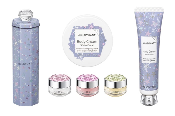 （左から時計回り）「ドリーミースターズギフト ボディクリーム＆ハンドクリーム ホワイトフローラル ギフトボックス」「同 ボディクリーム」「同 ハンドクリーム」、「ドリーミースターズギフト リップバーム ブルーミングペアー」「同 ロージーズ」「同 ホワイトフローラル」（C）JILL STUART Beauty
