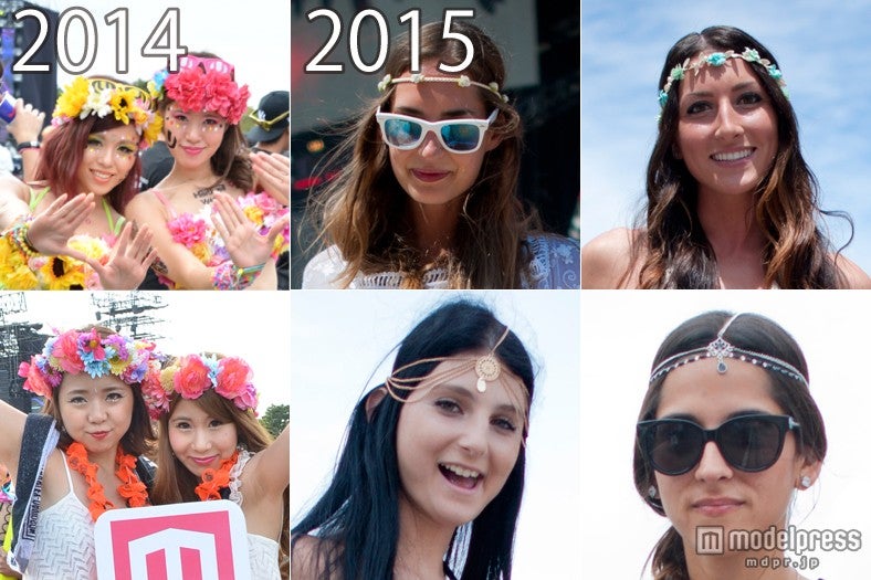 昨年はフラワークラウンが流行（写真左）→今年は小ぶりなフラワークラウン（写真右上）や、ゴールドのチャームが施されているヘッドアクセが人気（写真右下）