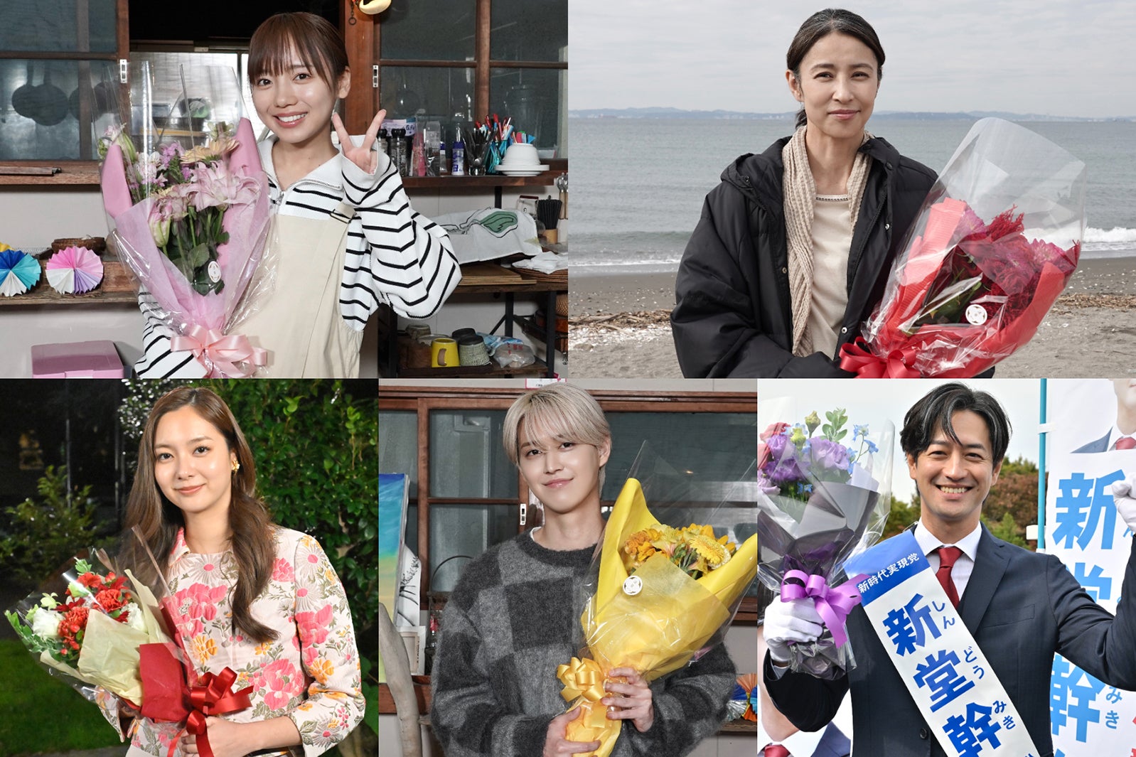 （上段左から）齊藤京子、水野美紀（下段左から）新川優愛、白岩瑠姫（JO1）、竹財輝之助（提供写真）