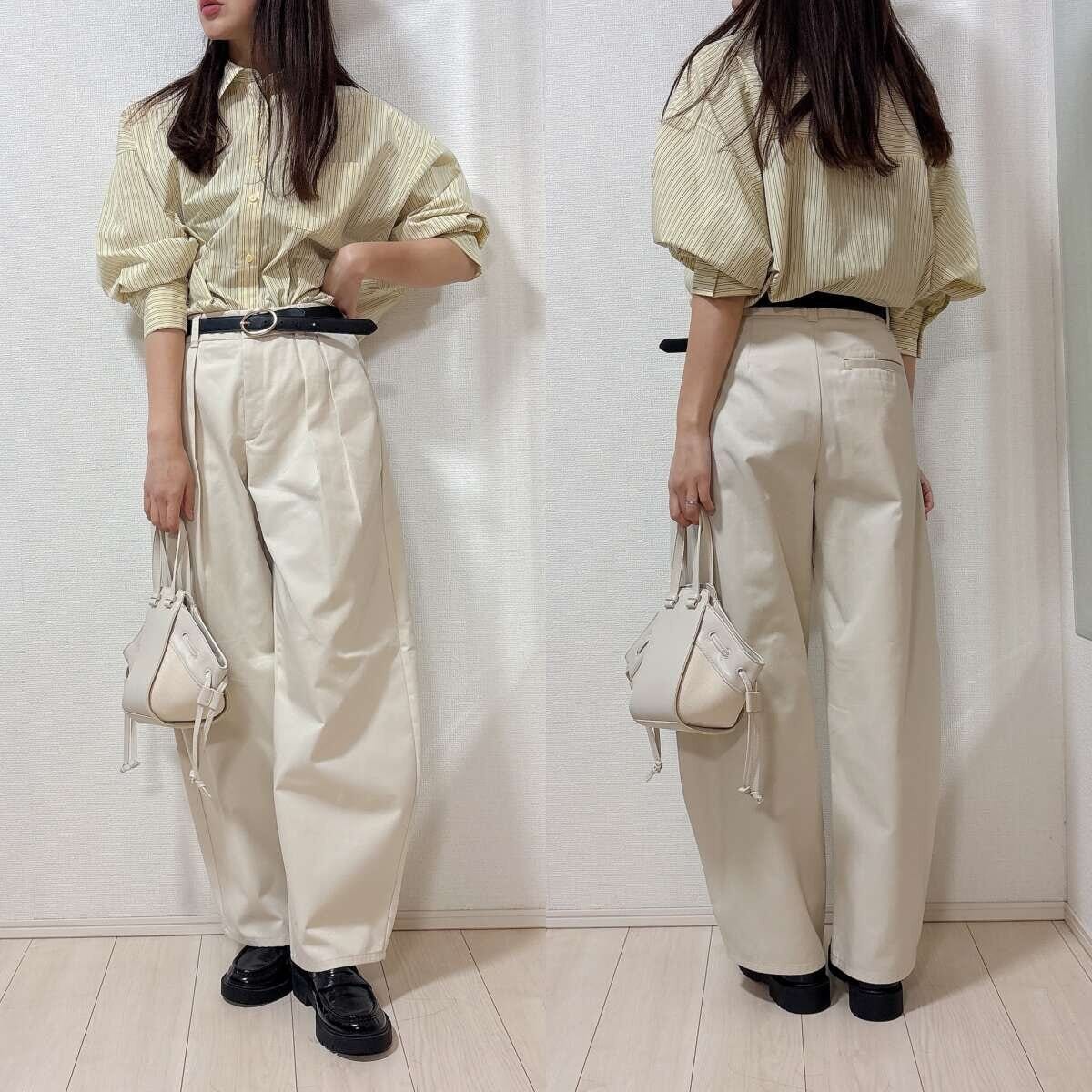 GUチノタックバレルパンツとストライプシャツコーデ