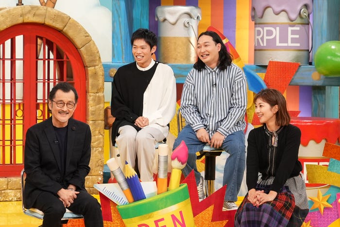 (左から)吉田鋼太郎、加賀翔、賀屋壮也、潮田玲子(C)日本テレビ