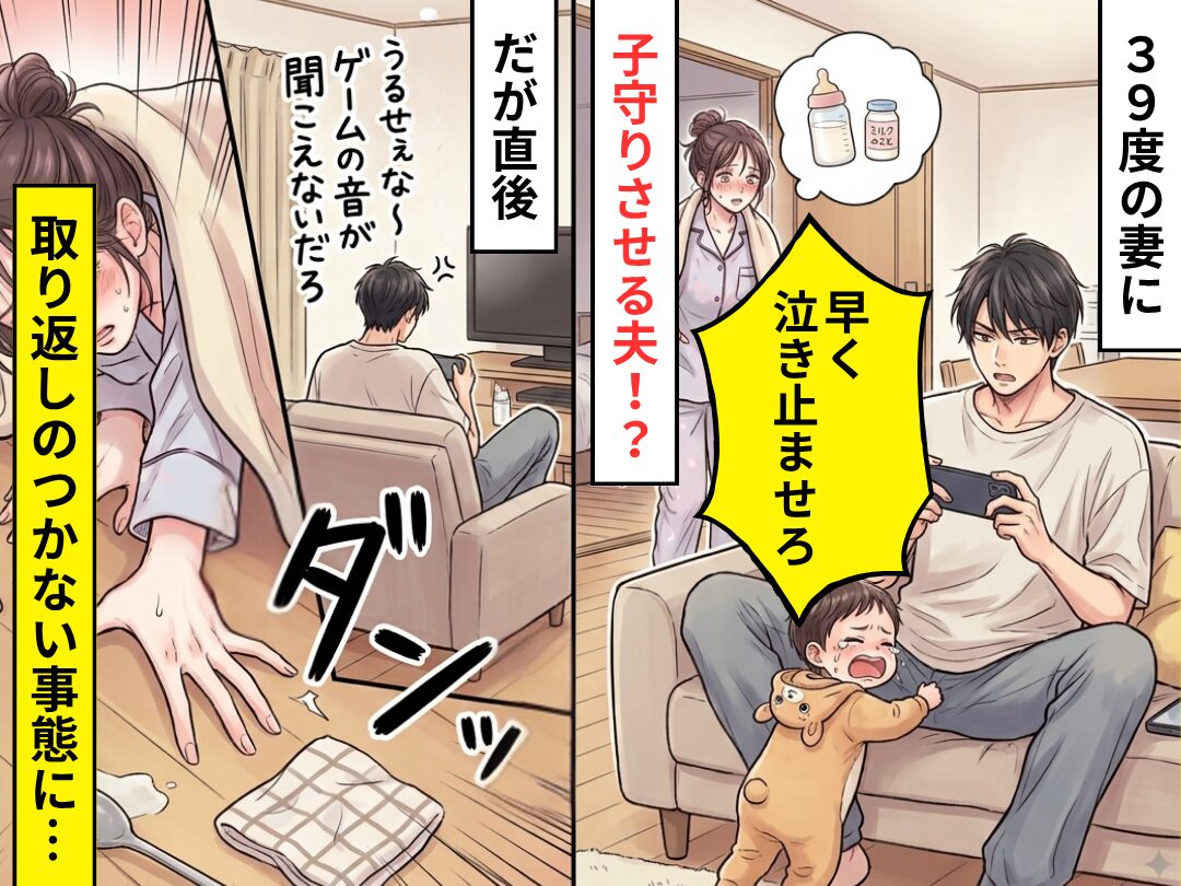 39℃の妻に「早く泣き止ませろ」子守りさせる夫！？だが直後⇒【ダンッ】取り返しのつかない事態を招いた話
