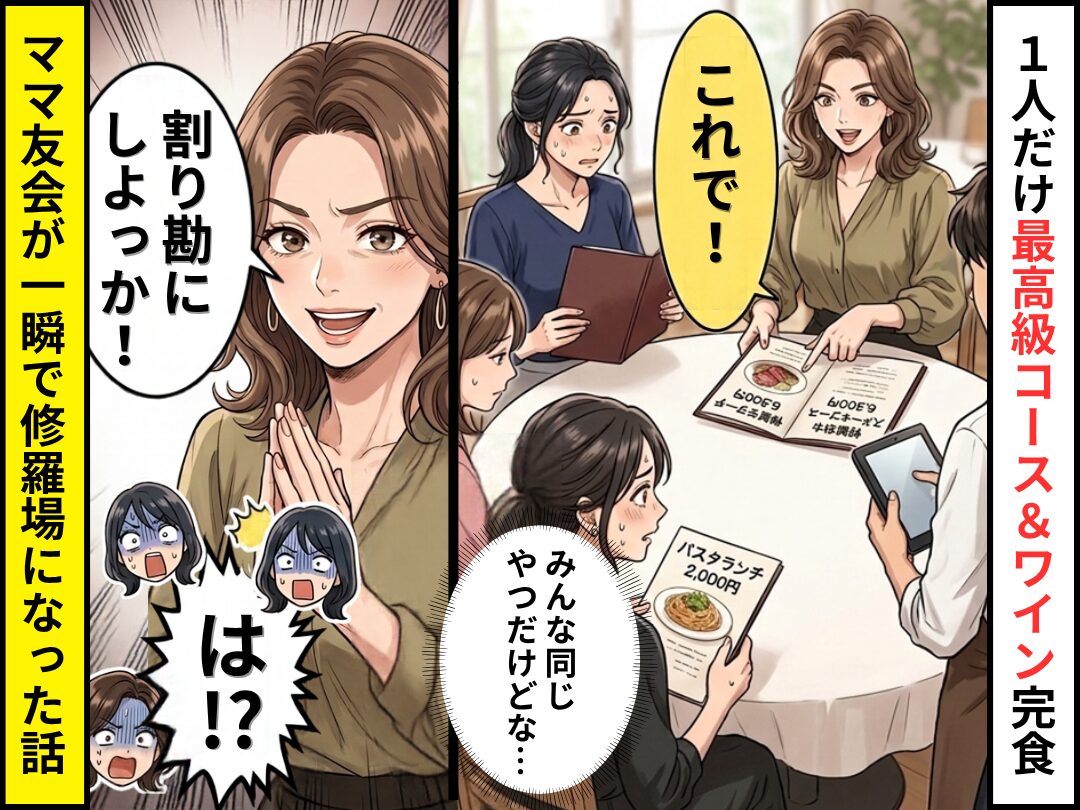 1人だけ【最高級コース＆ワイン】完食⇒「割り勘にしよっか！」「え！？」ママ友ランチ会が一瞬で修羅場になった話