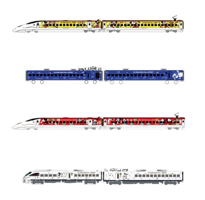 上から：JR九州 Waku Waku Trip 新幹線（5月17日～9月1日運転）、JR九州 Waku Waku Trip 883系（5月30日～8月27日運転）、JR九州 Waku Waku Trip 新幹線ミッキーマウス＆ミニーマウスデザイン（8月1日～11月27日運転）、JR九州 Waku Waku Trip 885系（8月22日～11月中旬運転）（C）Disney