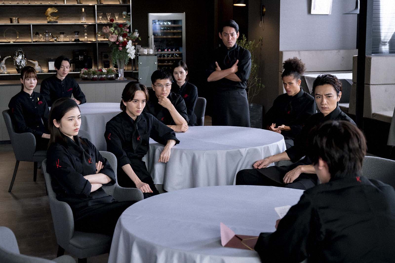 （左から時計回りに）八木アリサ、木田佳介、井頭愛海、フェルナンデス直行、ジュア、細田善彦、高橋文哉、小芝風花、板垣李光人、朝井大智「フェルマーの料理」第8話より（C）TBS