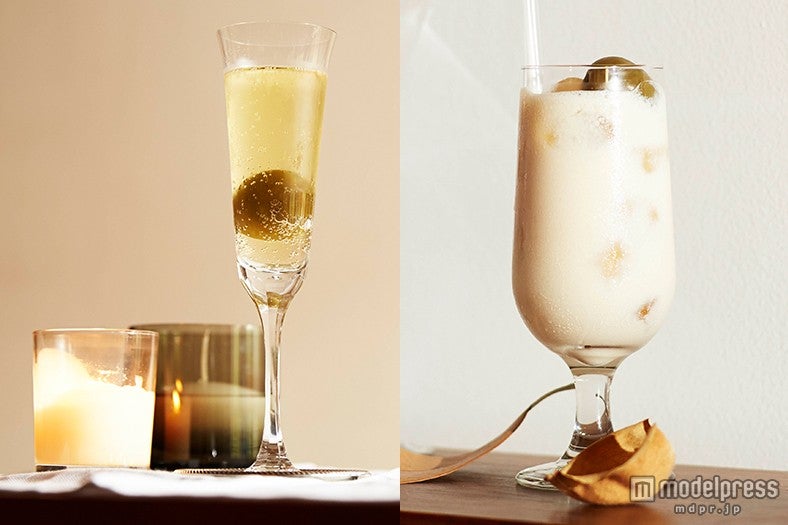 （左から）「CHOYA紀州」とスパークリングワインを合わせた「CHOYA ロワイヤル」￥1，000、「CHOYA紀州」と豆乳をシェイクした「CHOYA ソイミルク」￥800（すべて税抜）