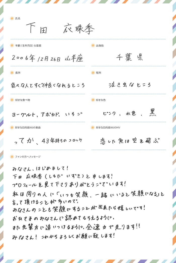 下田衣珠季プロフィール(提供写真)