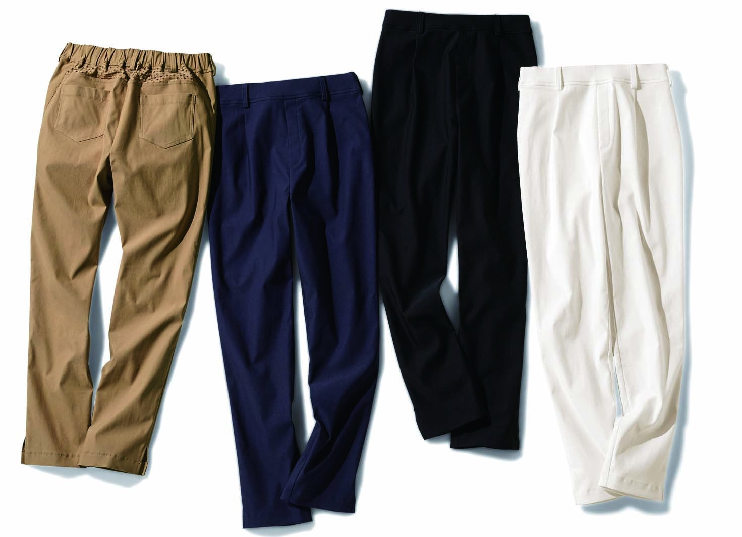 テーパードパンツ￥3,800（期間限定特別価格・税抜）、ワイドパンツ￥4,500（税抜）／フェリシモ「涼やかパンツ」
