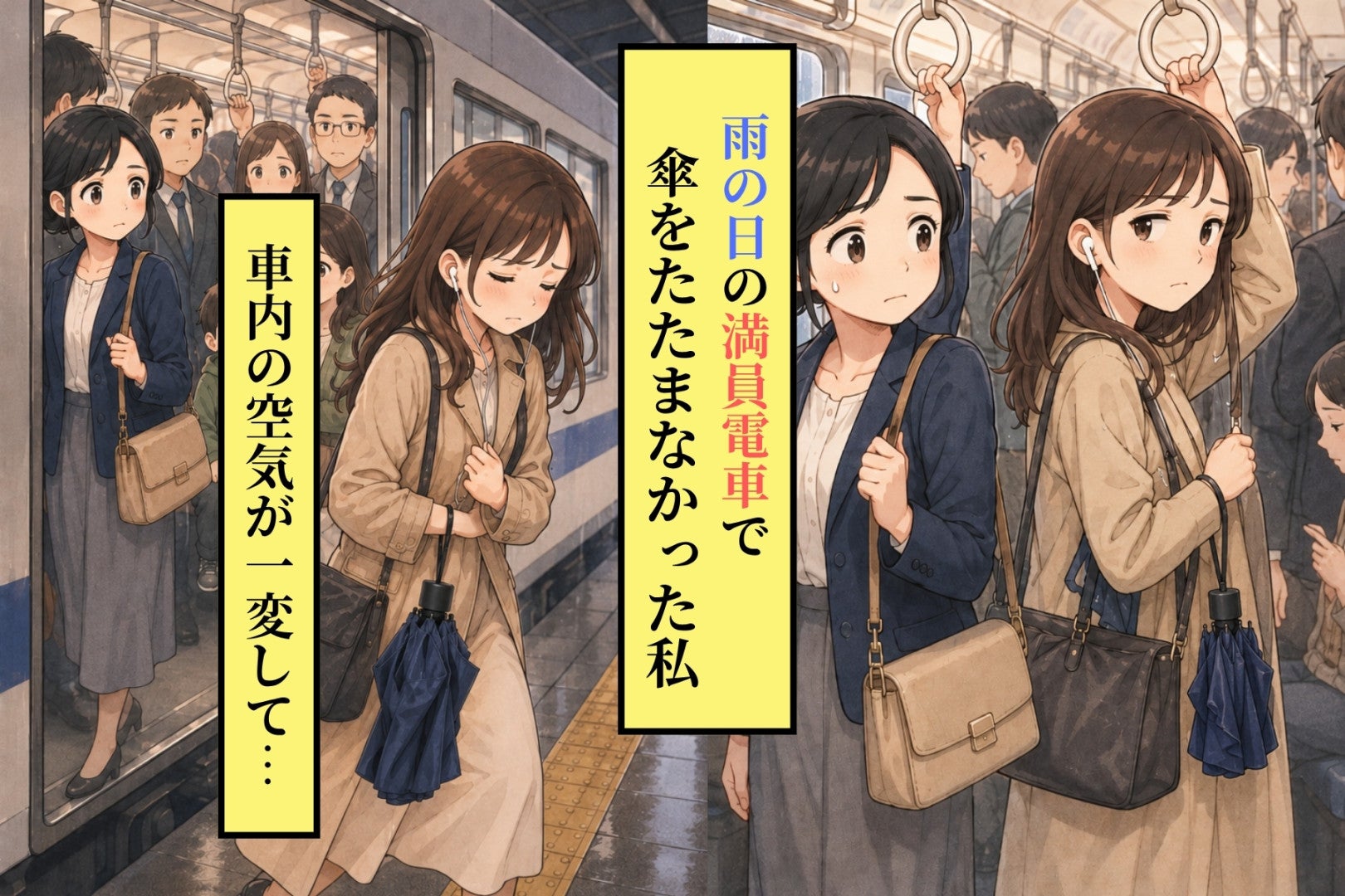 満員電車で折りたたみ傘の雫を落としていた私。目の前の男の子を見たら、次の駅で足早に降りるしかなかった