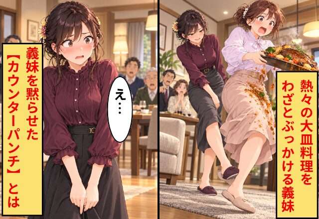 熱々の大皿料理を”わざと”ぶっかける義妹「勝手によろけただけでしょ（笑）」だが直後⇒義妹の喰らう【カウンターパンチ】とは