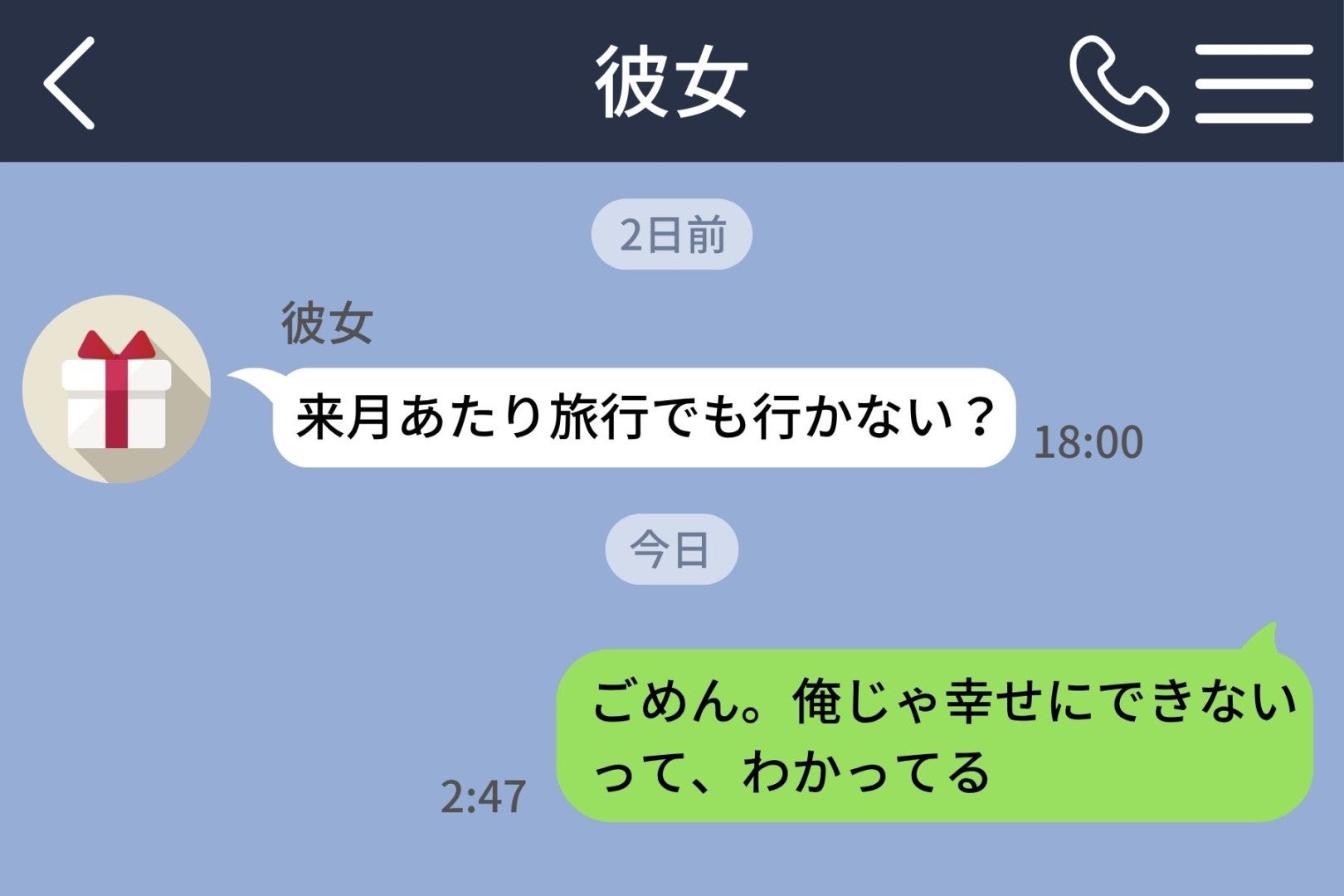 午前2時47分、「ごめん。俺じゃ幸せにできないって、わかってる」と打っていた。ただ、俺のほうは送信ボタンを押してしまった