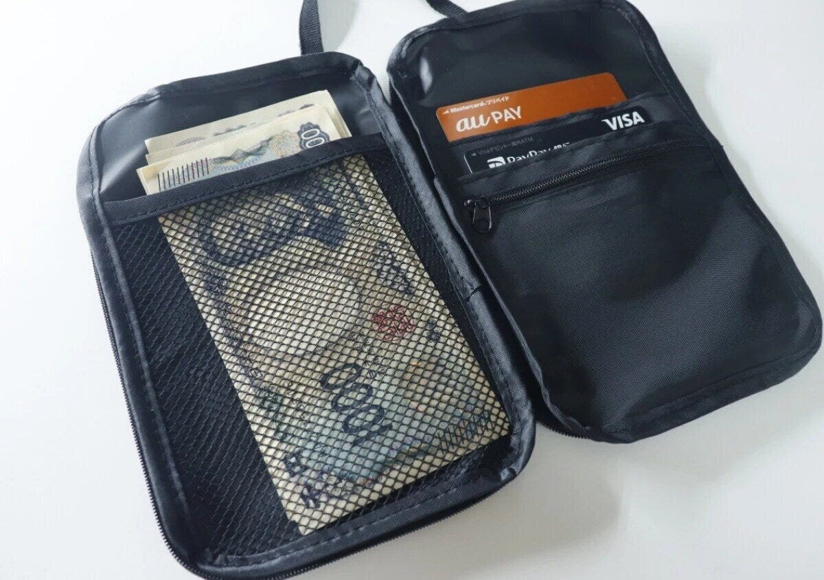黒いメッシュポケット付ウォレットショルダーバッグを開き、お札やカードが収納されている様子 黒いメッシュポケット付ウォレットショルダーバッグを開き、お札やカードが収納されている様子