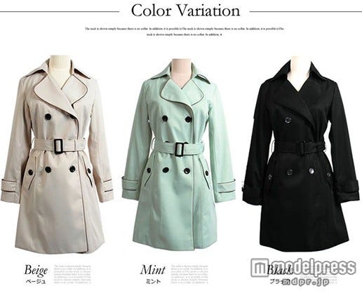 ベージュ、ミント、ブラックの3種類。「選べる3カラー パイピング ダブル トレンチコート」5,900円(税込)/Photo by ホンコンマダム