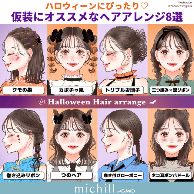 ハロウィーン　仮装ヘアアレンジ　8style　おすすめ　kyoko.　イラスト　全スタイル