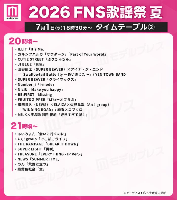 「2026 FNS歌謡祭 夏」タイムテーブル(C)モデルプレス