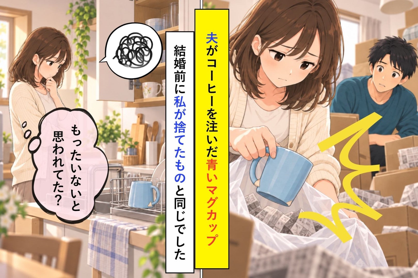 夫がコーヒーを注いだ青いマグカップ→取っ手の欠けは、結婚前に私が捨てたカップと同じでした